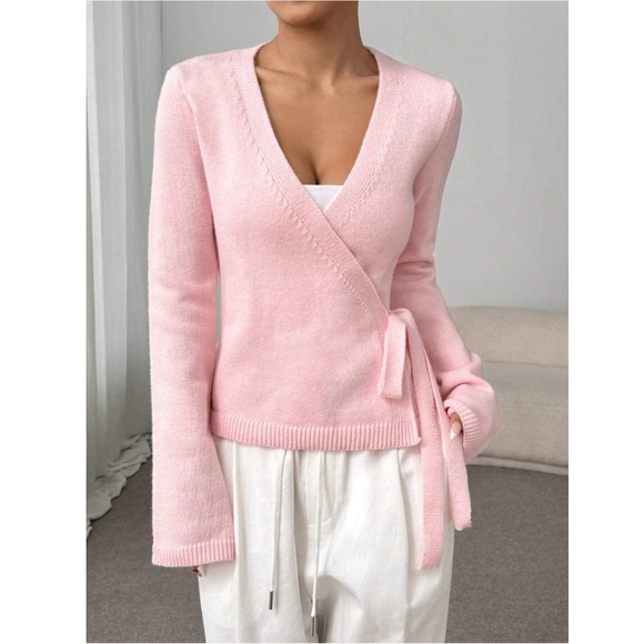 Pink Wrap Tie Side Cardigan Long Sleeve V-Neck - Picture 2 of 9